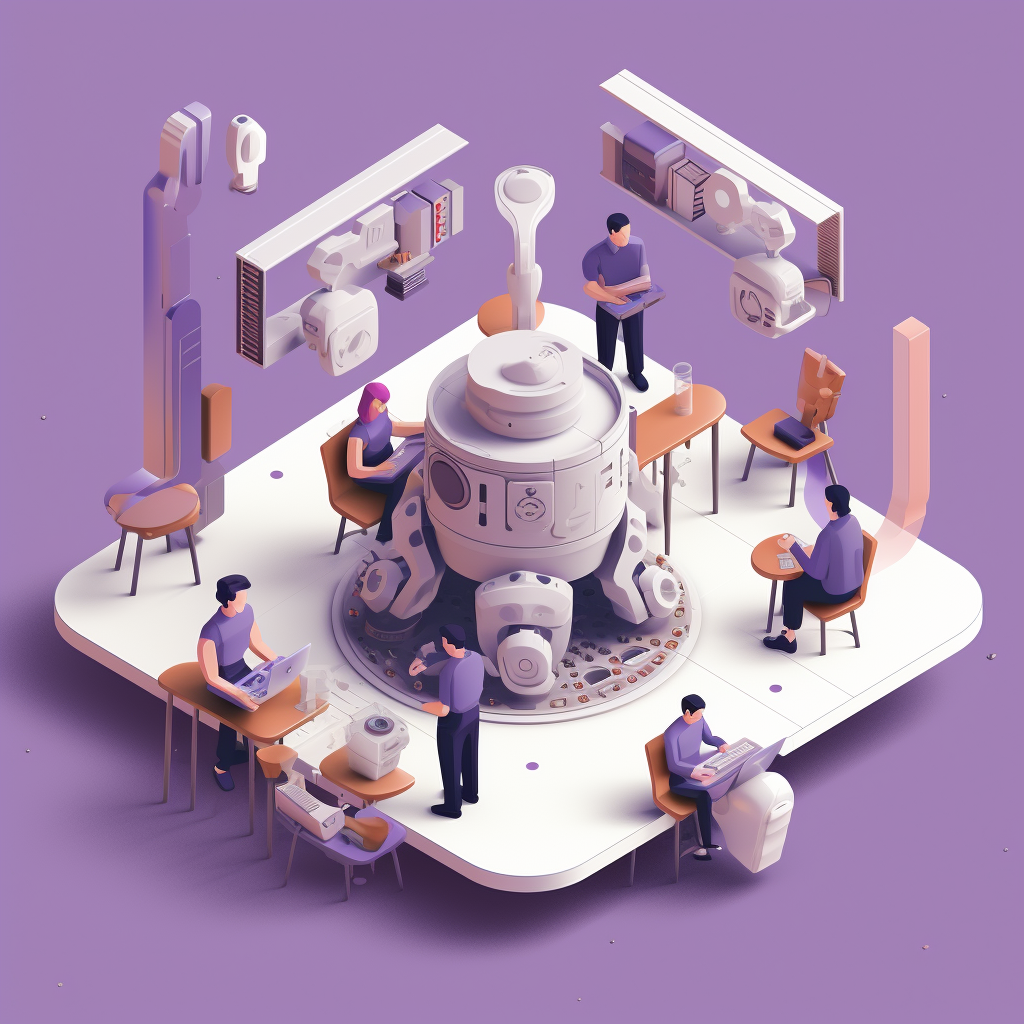 A team working together with robots: an image generated with Midjourney. 