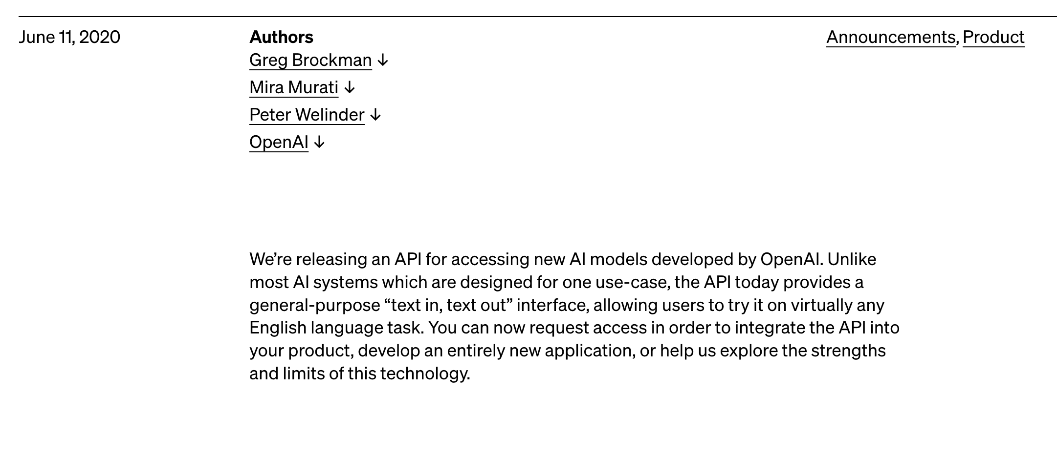 Open AI official announcement: GPT-3 beta