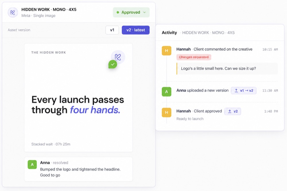 A Kitchn ad review timeline showing status changes, comments and edits recorded against one launch row