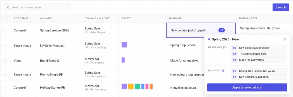 Reusable copy being applied across a selection of ads in Kitchn, so the same setup is not rebuilt row by row