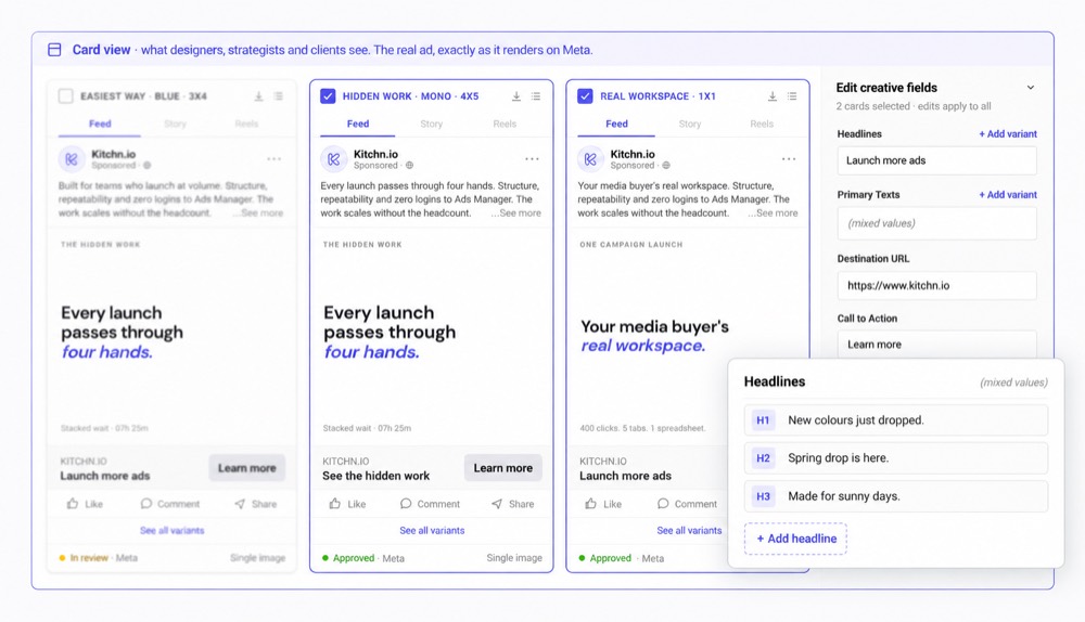 Headlines being bulk edited across many selected ads at once in Kitchn