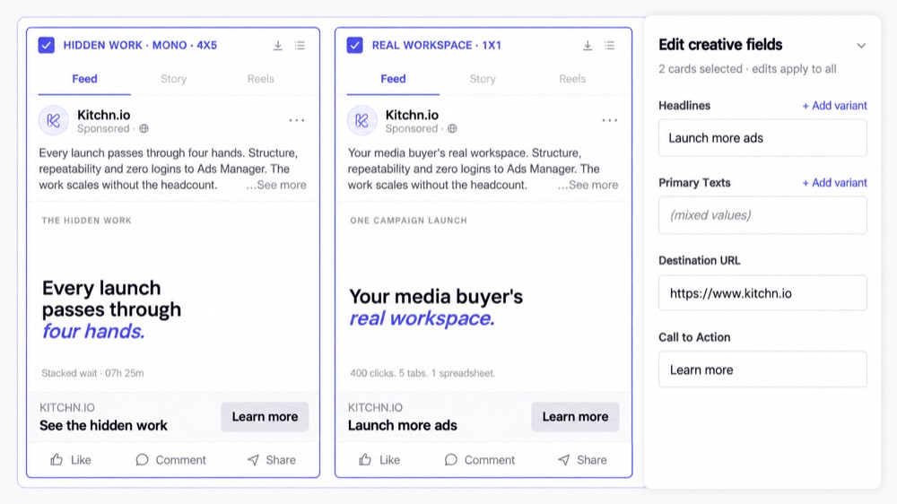 Two selected ad preview cards being bulk edited together in Kitchn.io