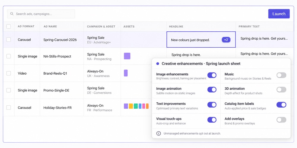 Kitchn.io creative enhancement controls with Meta enhancements switched off for a launch sheet