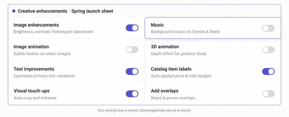 Kitchn creative enhancement settings showing individual Meta enhancements such as music and 3D animation being controlled per launch