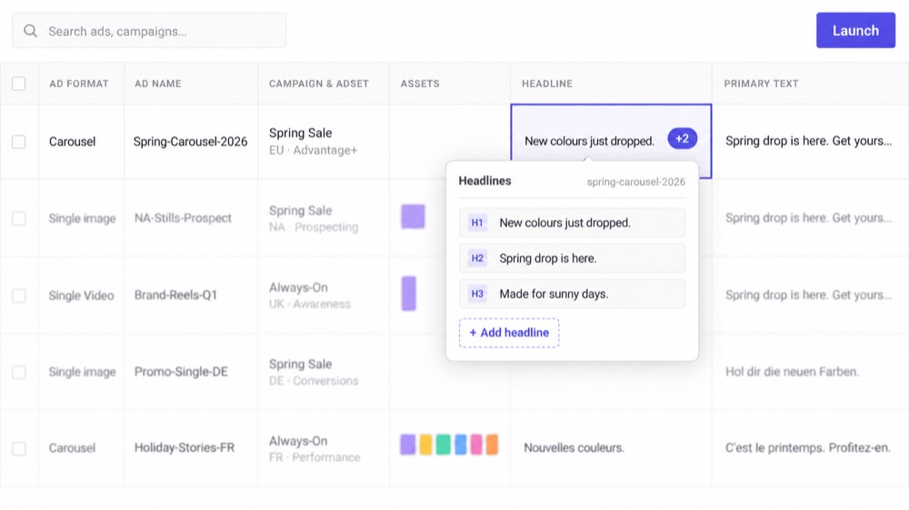 Three headline variants attached to a single Meta ad row in the Kitchn.io launch sheet