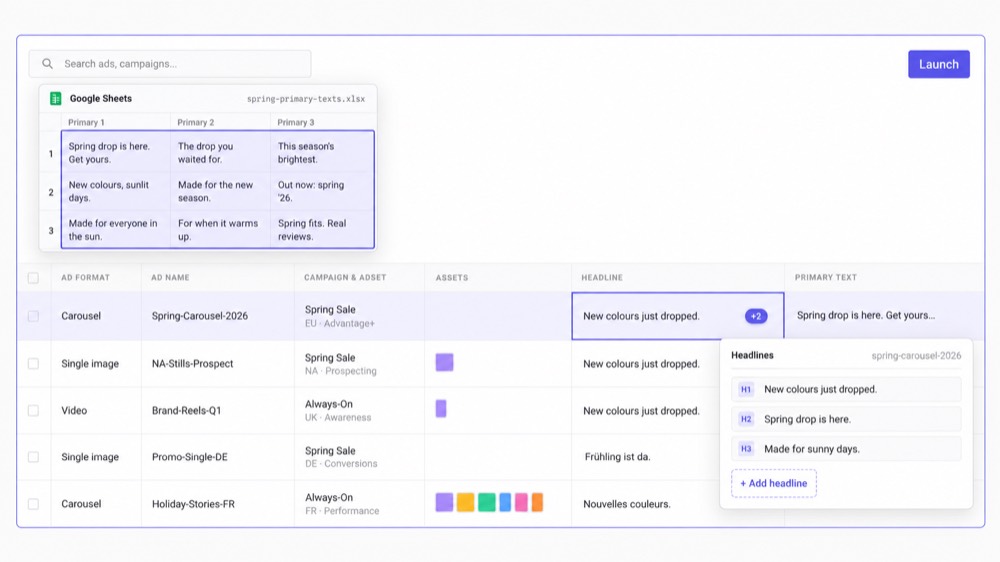 Headlines pasted from a spreadsheet into a Kitchn Launch Sheet, one column filling many ad rows at once