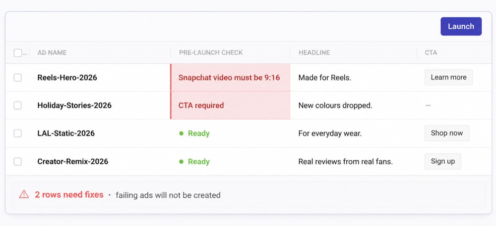 Kitchn.io pre-launch validation flagging a Snapchat video that is not 9:16 before the ad is created
