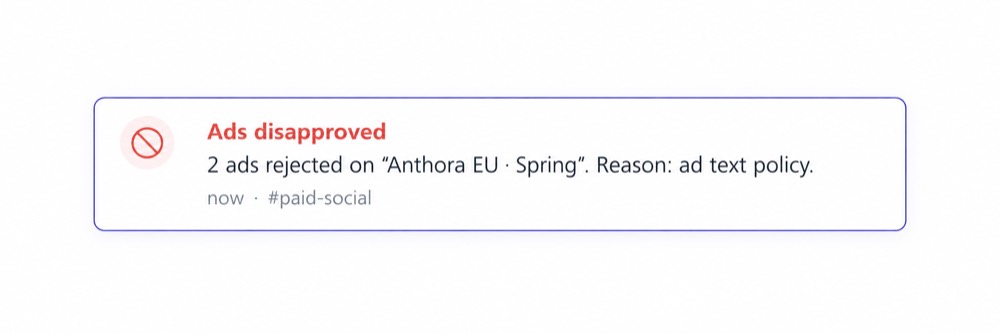 A Kitchn Slack alert reporting disapproved ads, part of the scheduled post-launch checks